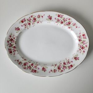 Queen Anne Cascade Roses Serving Platter Oval White Pink Floral Gold Trim 8636